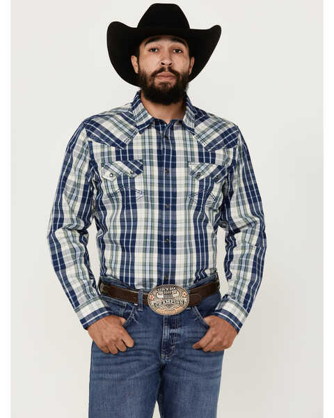 Image #1 - Cody James Men's Cole Plaid Print Long Sleeve Pearl Snap Western Shirt , Cream, hi-res