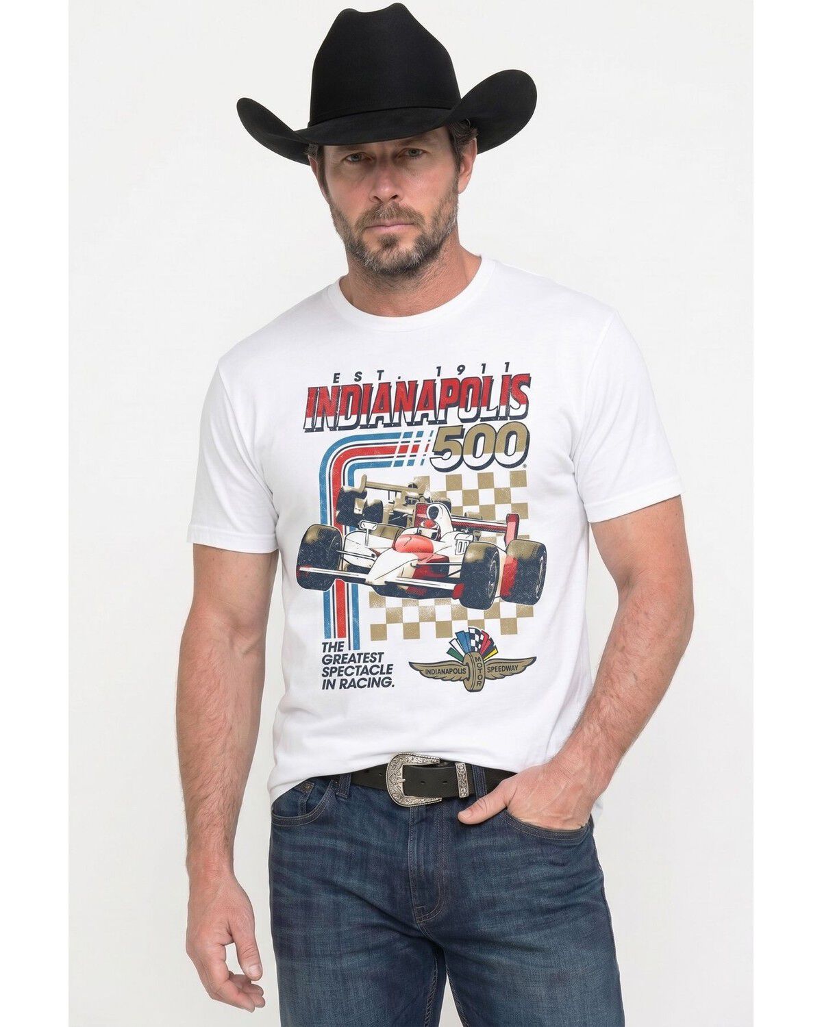 Image #1 - Americana Men's Indy 500 Stripes Short Sleeve Graphic T-Shirt, White, hi-res