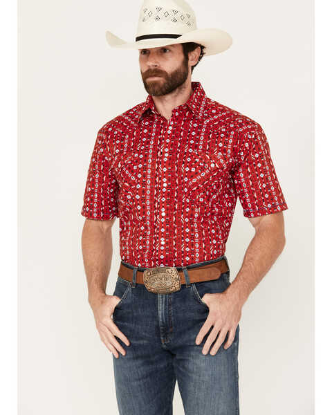 Image #1 - Rough Stock by Panhandle Men's Southwestern Print Short Sleeve Pearl Snap Western Shirt, Red, hi-res