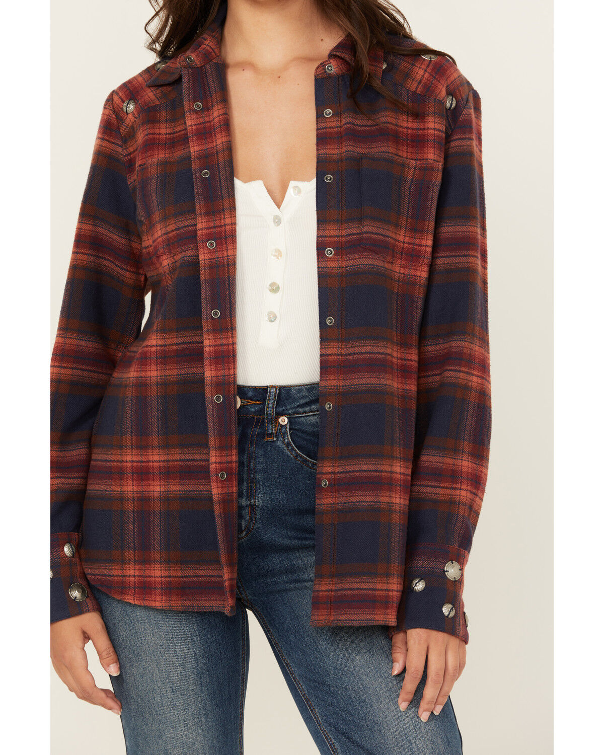 Image #3 - Shyanne Women's Embellished Plaid Print Long Sleeve Snap Western Shirt, Navy, hi-res