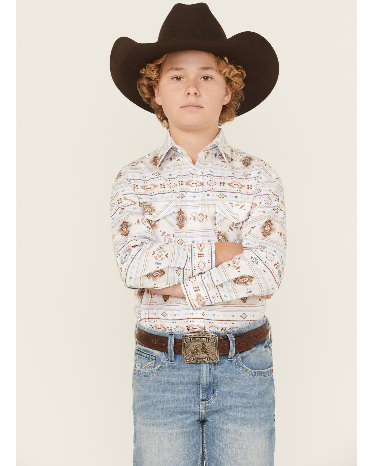 Image #1 - Panhandle Boy'sSouthwestern Print Long Sleeve Snap Western Shirt, Ivory, hi-res