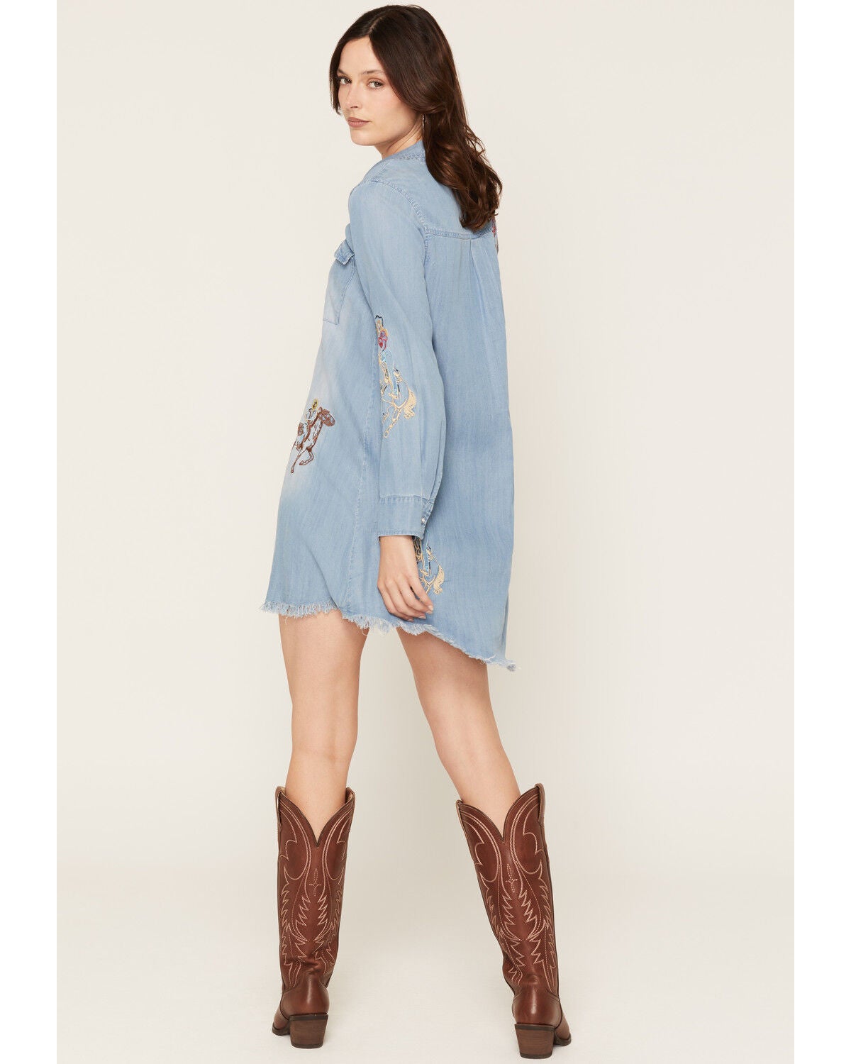Image #4 - Blue B Women's Medium Wash Western Print Denim Shirt Mini Dress, Medium Wash, hi-res