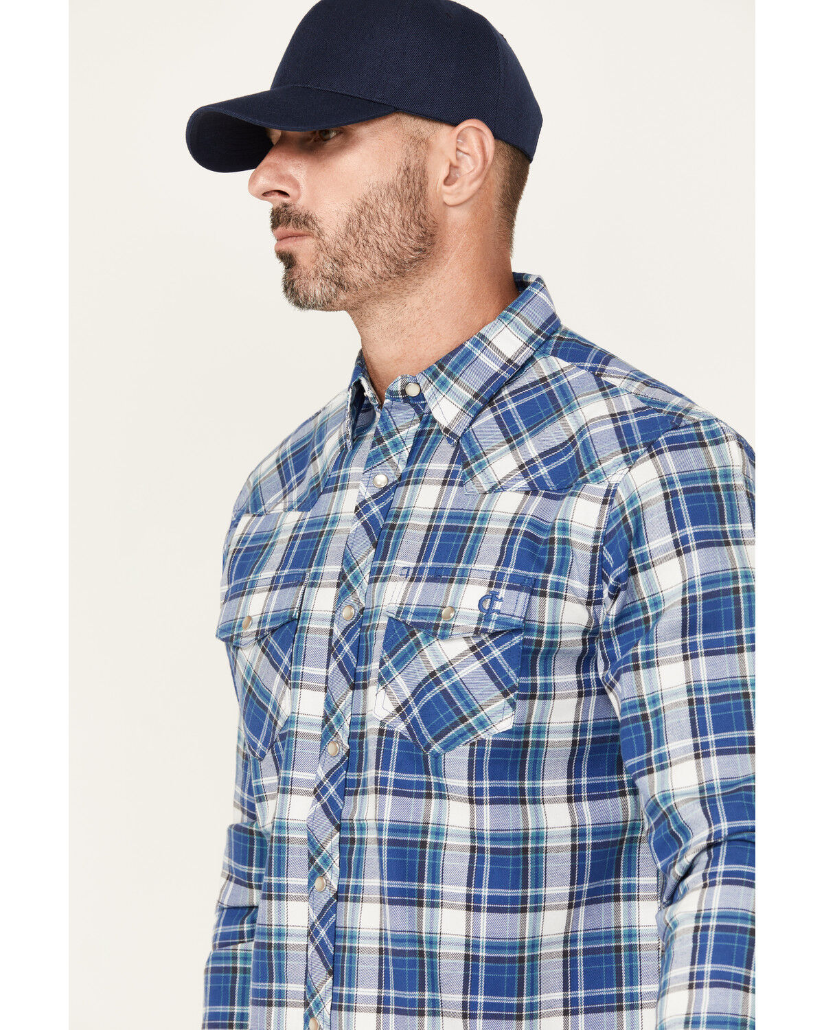Image #2 - Cody James Men's FR Plaid Print Long Sleeve Pearl Snap Flannel Work Shirt, Navy, hi-res