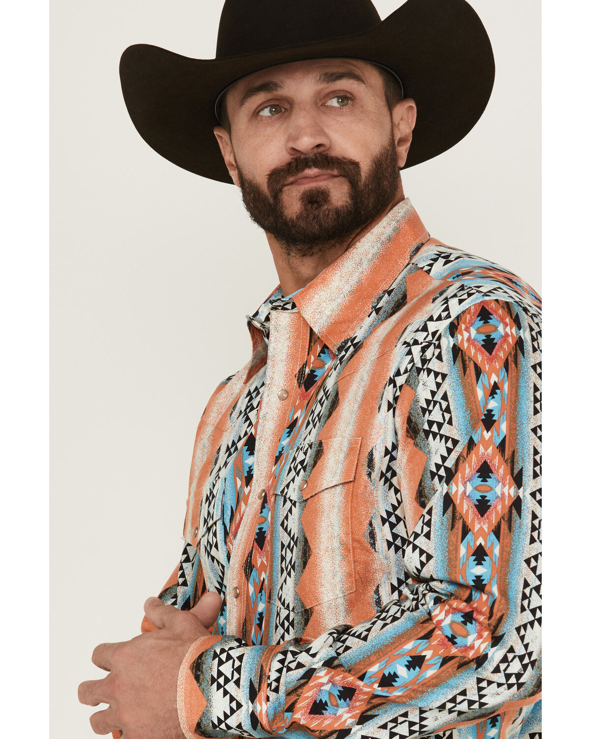 Image #2 - Wrangler Men's Checotah Southwestern Striped Long Sleeve Pearl Snap Western Shirt, Multi, hi-res