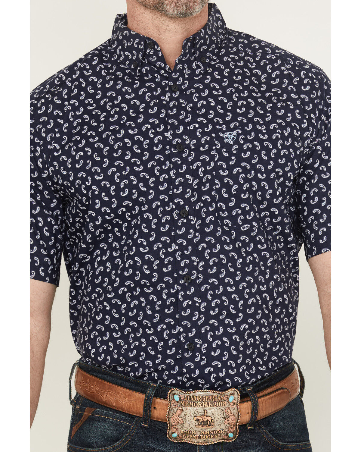 Image #3 - Ariat Men's Cian Paisley Print Short Sleeve Button-Down Western Shirt, Navy, hi-res