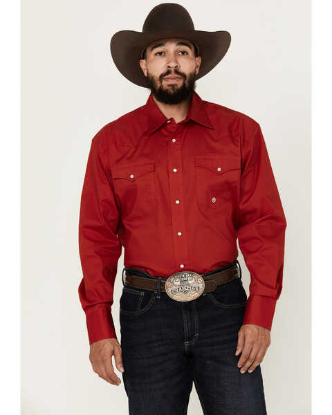 Image #1 - Roper Men's Amarillo Solid Long Sleeve Pearl Snap Stretch Western Shirt, Red, hi-res