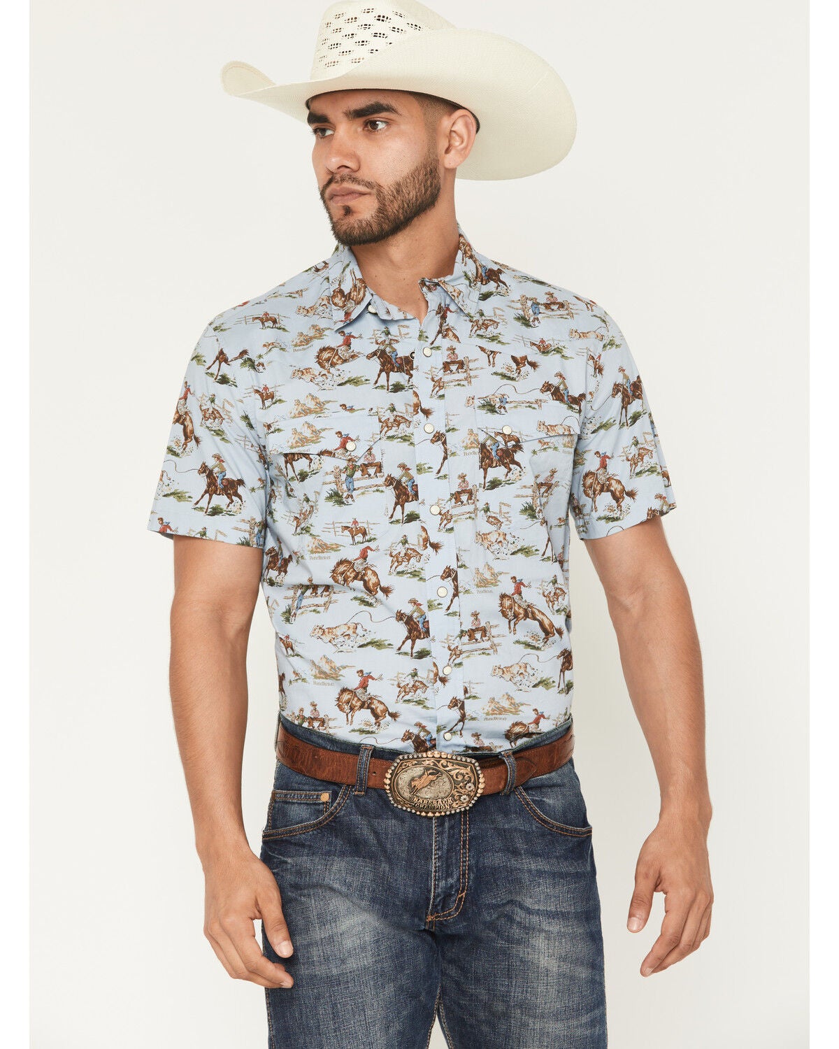 Pendleton Men's Laramie Wild Horse Print Short Sleeve Snap Western Shirt, Blue, hi-res
