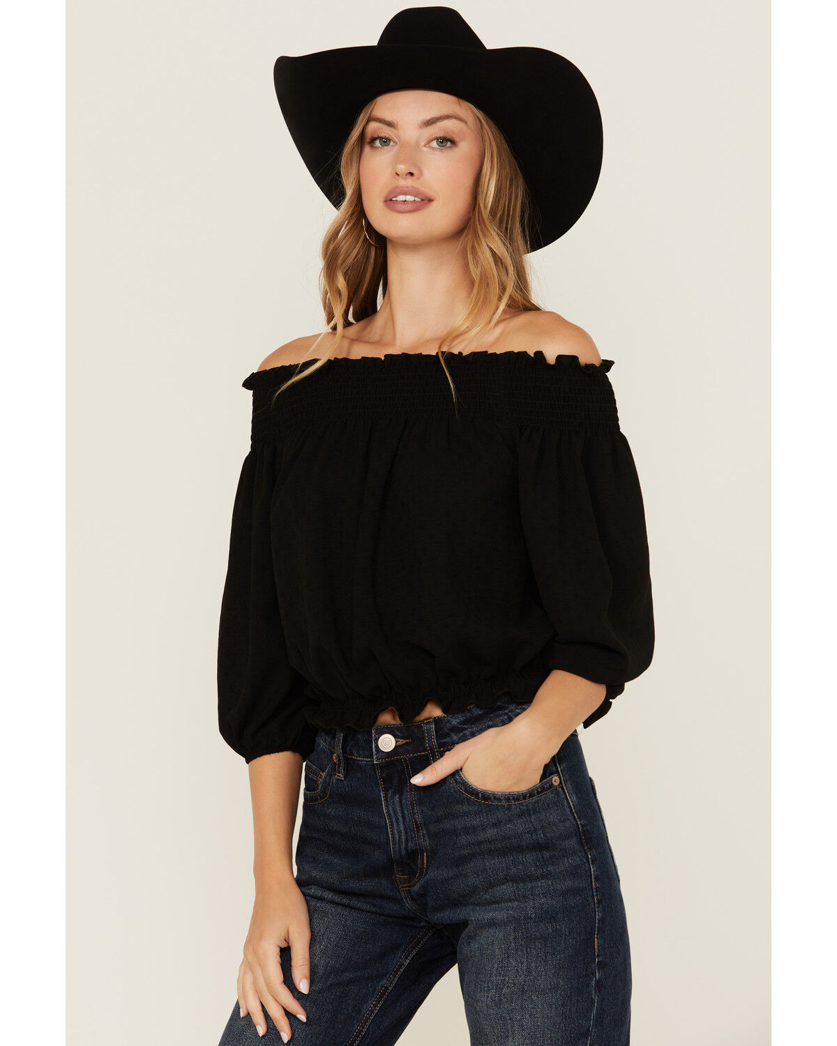 Image #1 - Wild Moss Women's Solid Smocked Off The Shoulder Top, Black, hi-res