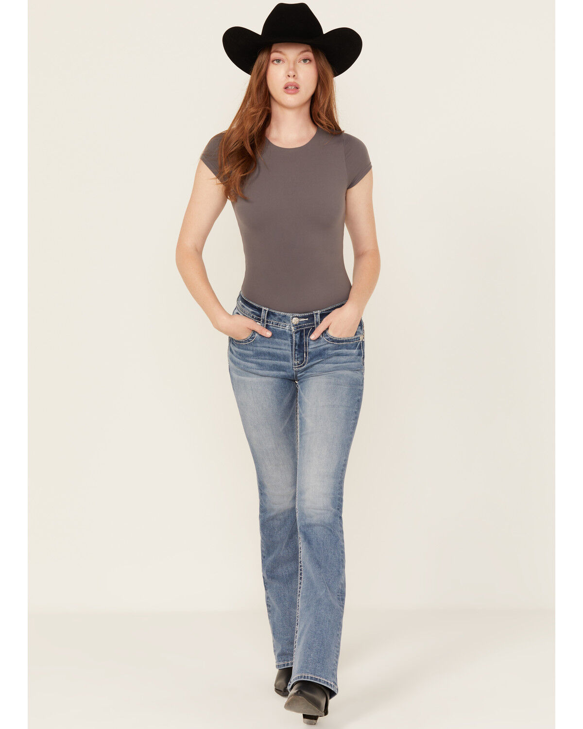 Image #3 - Miss Me Women's Medium Wash Wing Embroidered Bootcut Stretch Jeans, Medium Wash, hi-res