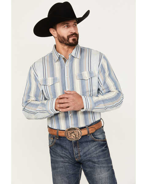 Image #1 - Scully Men's Southwestern Serape Striped Long Sleeve Pearl Snap Western Shirt, Light Blue, hi-res
