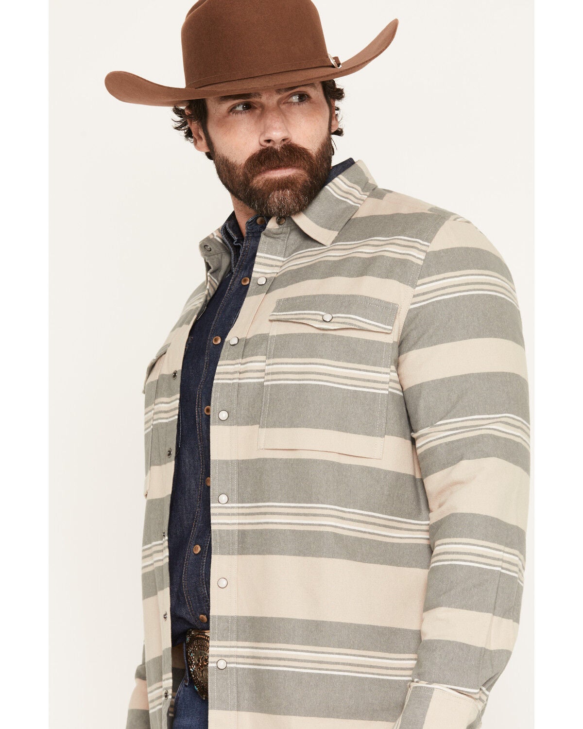 Image #2 - Dakota Grizzly Men's Boot Barn Exclusive Shane Striped Long Sleeve Snap Flannel Shirt, Grey, hi-res