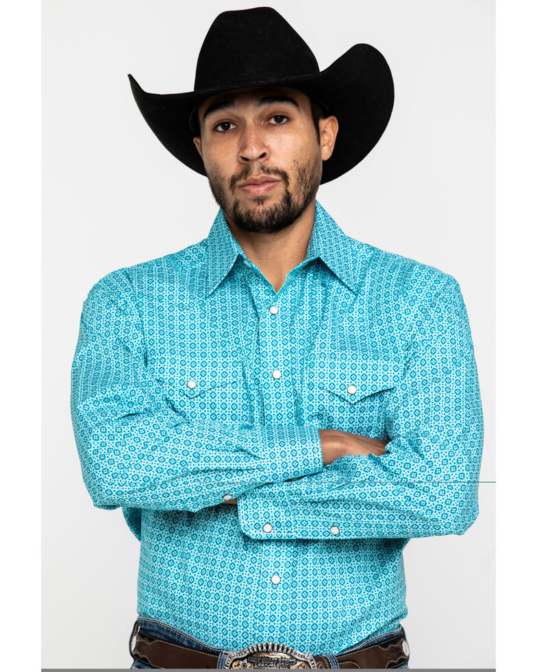 Rough Stock By Panhandle Men's Layton Geo Print Long Sleeve Western Shirt , Turquoise, hi-res