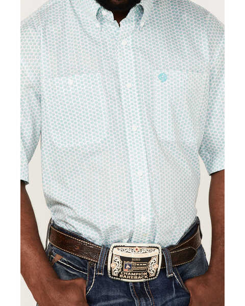 George Strait By Wrangler Men's Geo Print Short Sleeve Button-Down Western Shirt , Turquoise, hi-res
