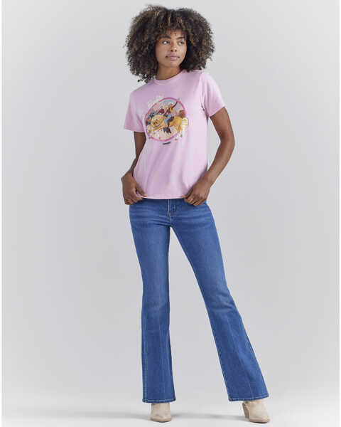 Wrangler® X Barbie™ Women's Medium Wash High Rise Westward Pink Patch Stretch Bootcut Jeans , Medium Wash, hi-res