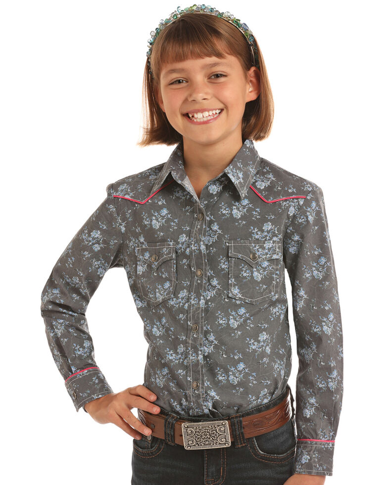 Rock & Roll Denim Girls' Grey Floral Print Long Sleeve Western Shirt , Grey, hi-res