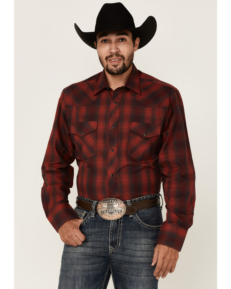Roper Men's Red & Charcoal Ombre Plaid Long Sleeve Snap Western Shirt , Red, hi-res