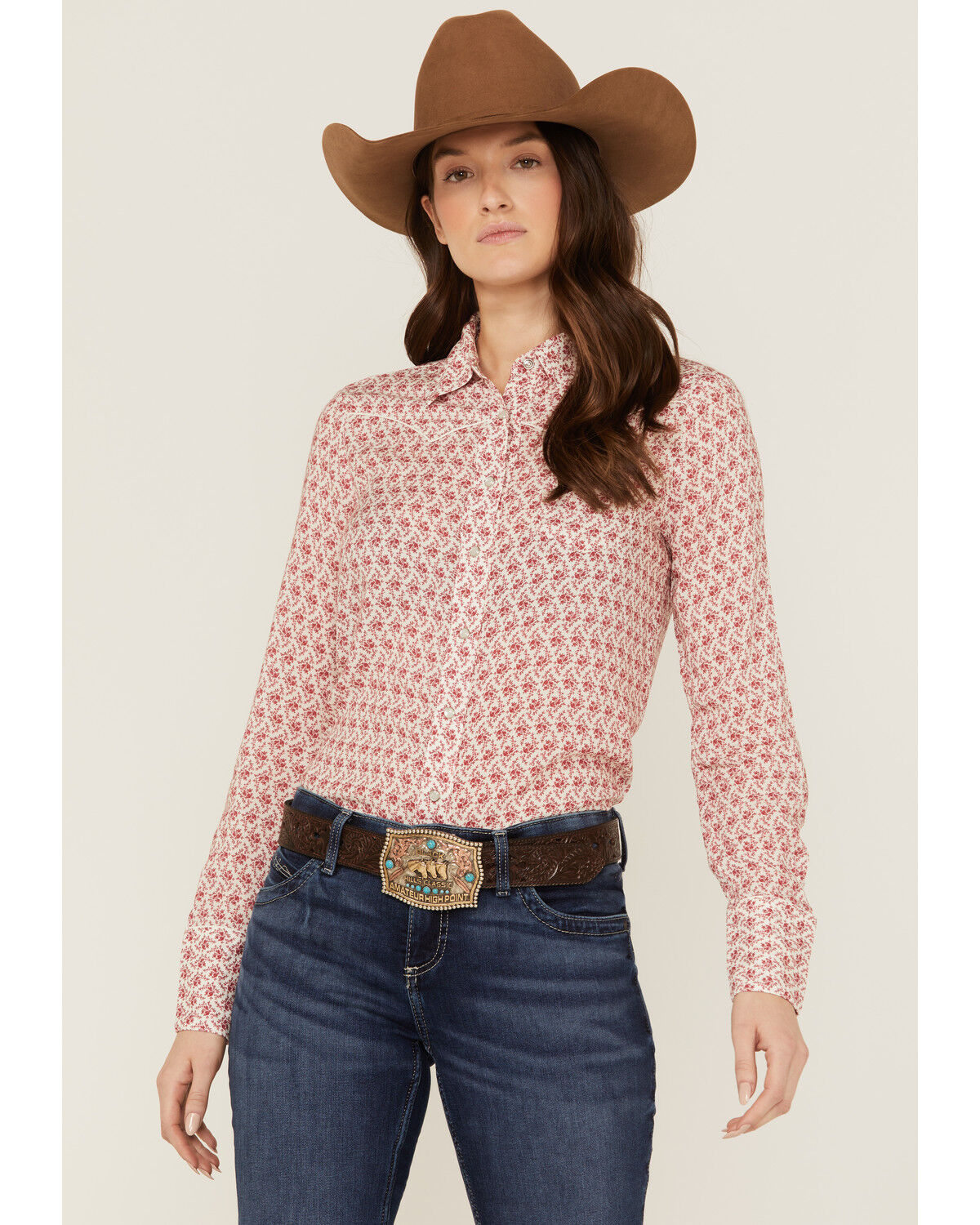 Image #1 - Stetson Women's Floral Print Long Sleeve Pearl Snap Western Shirt, Red, hi-res