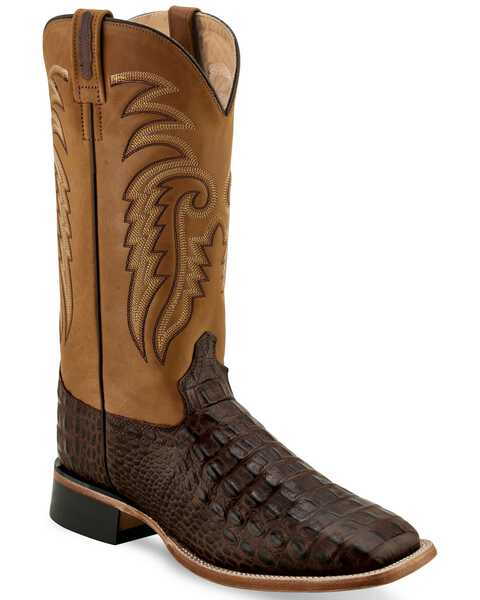 Old West Men's Faux Croc Leather Western Boots - Broad Square Toe, Brown, hi-res
