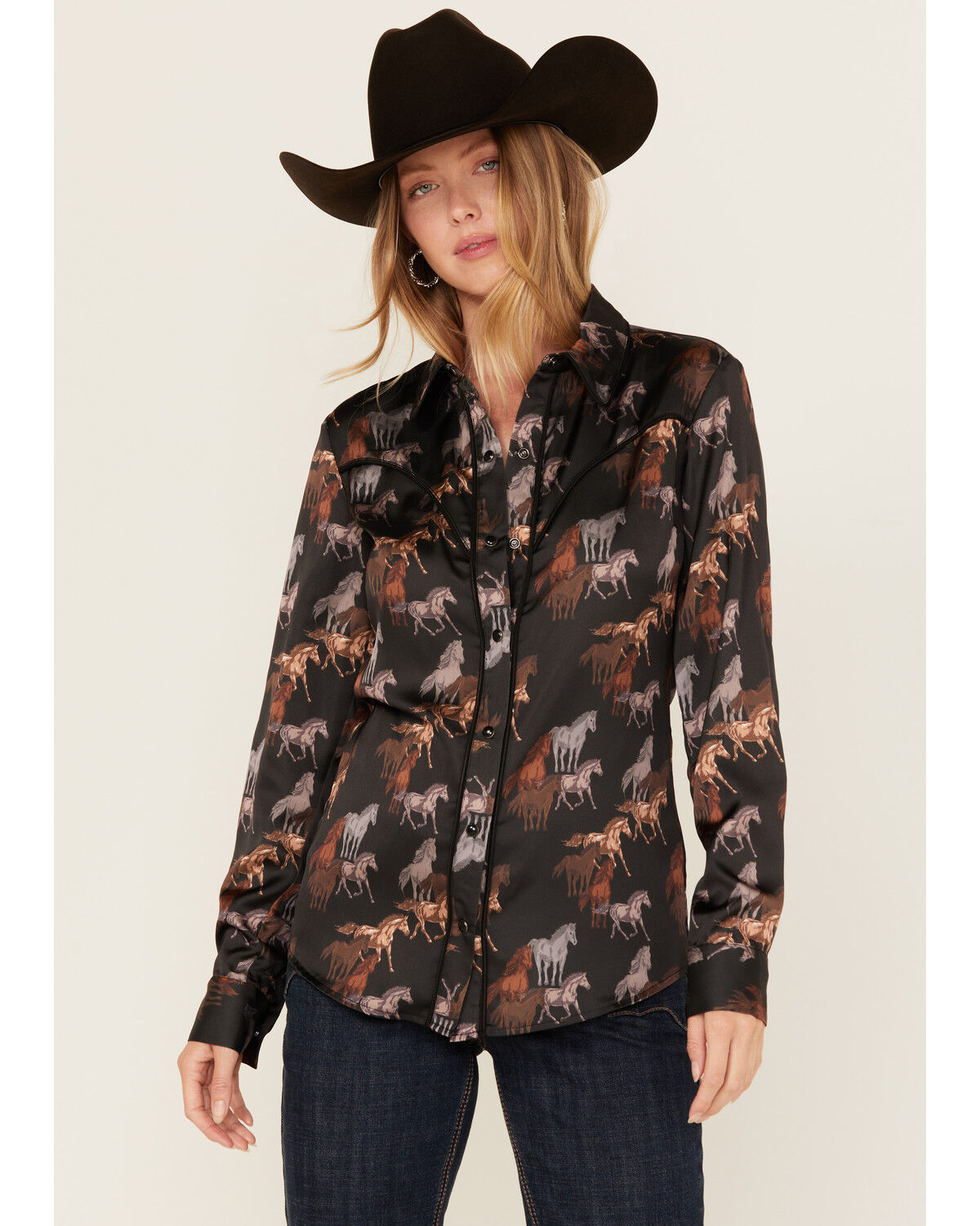 Image #1 - Rock & Roll Denim Women's Horse Print Fringe Long Sleeve Snap Stretch Western Shirt, Black, hi-res