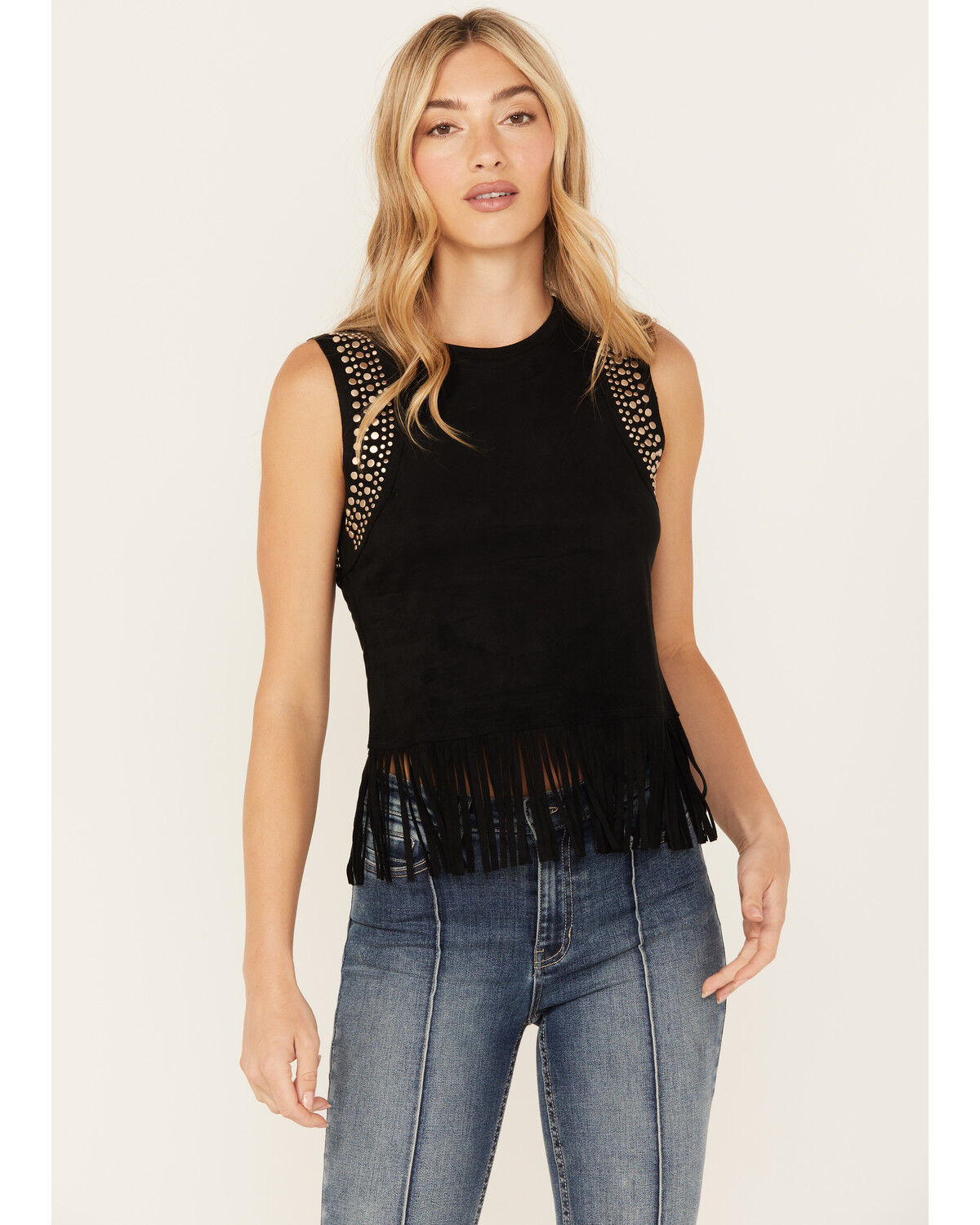 Image #1 - Idyllwind Women's Lillian Studded Fringe Tank Top, Black, hi-res