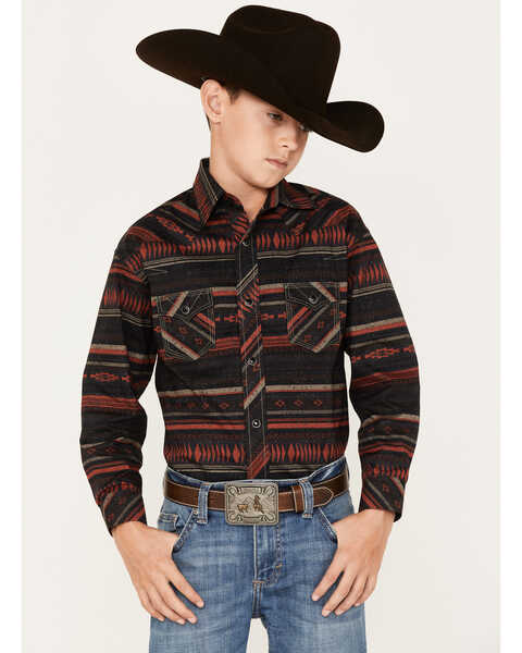 Image #1 - Rock & Roll Denim Boys' Southwestern Stripe Print Long Sleeve Snap Western Shirt, Black, hi-res