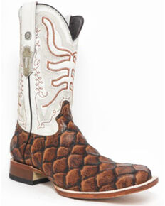 Tanner Mark Men's Faux Fish Print Western Boots - Wide Square Toe, Cognac, hi-res