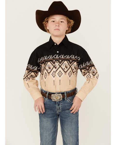 Image #1 - Panhandle Boys' Steers Scenic Border Print Long Sleeve Pearl Snap Western Shirt, Taupe, hi-res