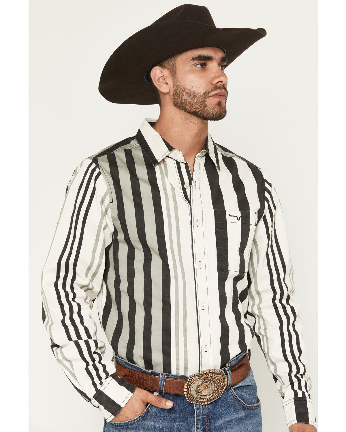 Kimes Ranch Men's 1992 Striped Long Sleeve Button-Down Western Shirt, Black, hi-res