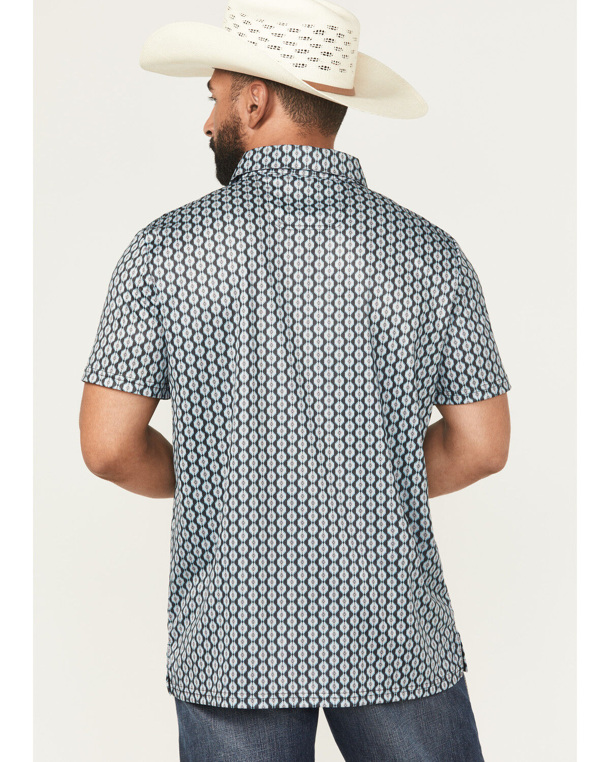 Image #4 - Rock & Roll Denim Men's Geo Print Short Sleeve Button-Down Stretch Polo Shirt, Black, hi-res