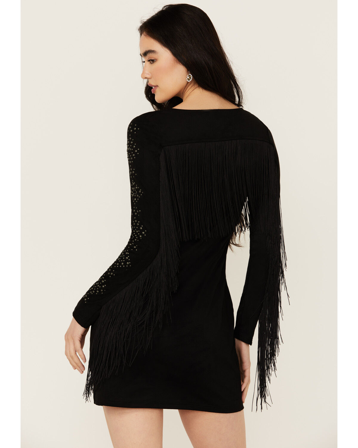 Image #4 - Idyllwind Women's Lois Studded Long Sleeve Fringe Mini Dress, Black, hi-res