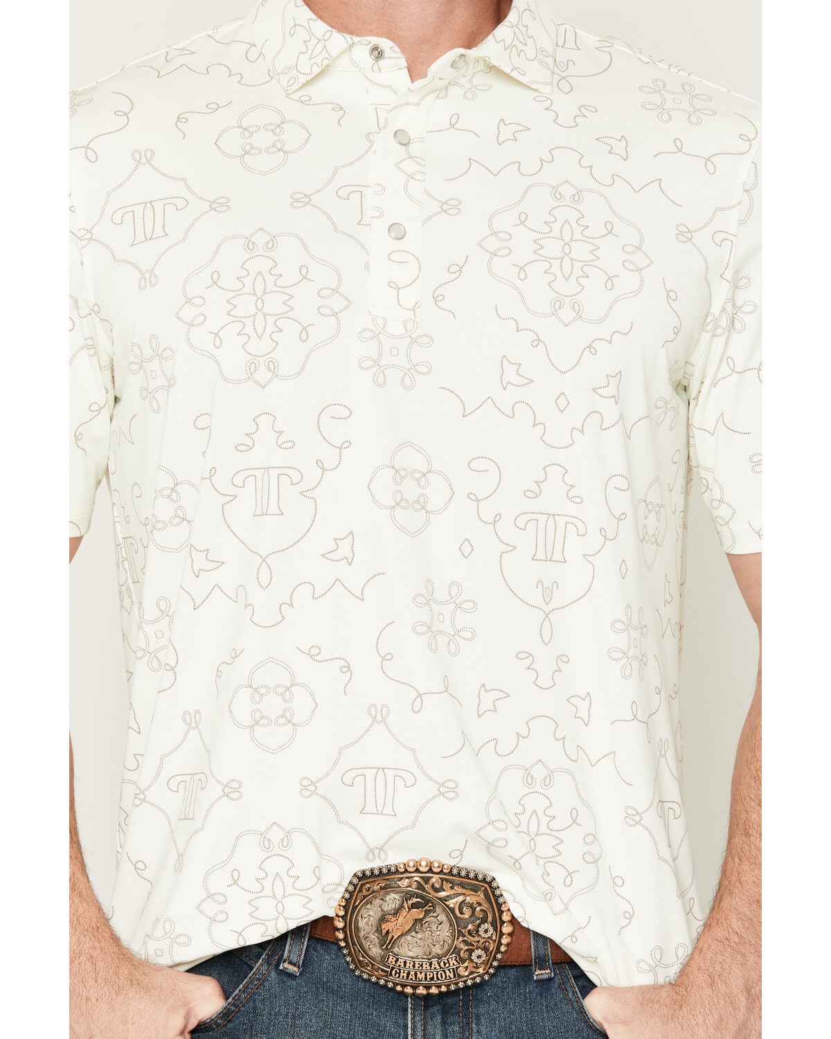 Image #3 - Ferrell Men's Carson Novelty Short Sleeve Snap Stretch Polo Shirt, Cream, hi-res