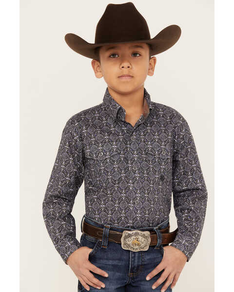 Roper Boys' Amarillo Ornate Geo Print Long Sleeve Snap Western Shirt, Grey, hi-res