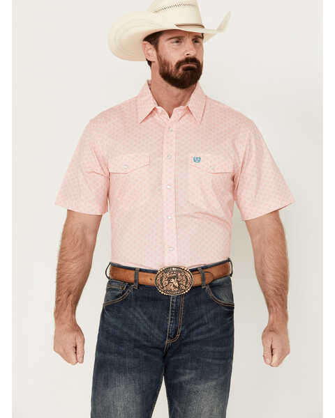 Panhandle Men's Geo Print Short Sleeve Pearl Snap Western Shirt , Coral, hi-res