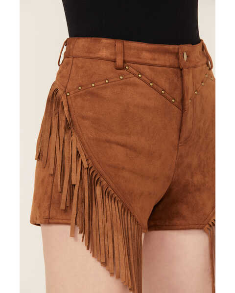 Image #2 - Blue B Women's Mid Rise Faux Suede Studded Fringe Shorts , Brown, hi-res