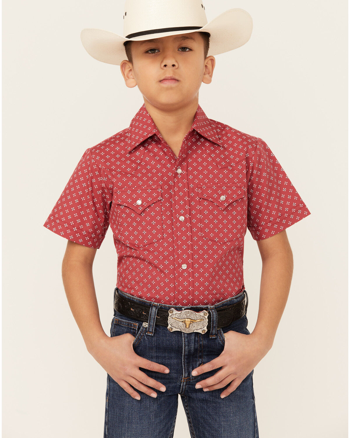 Image #1 - Ely Walker Boys' Bandana Print Short Sleeve Snap Western Shirt, Red, hi-res