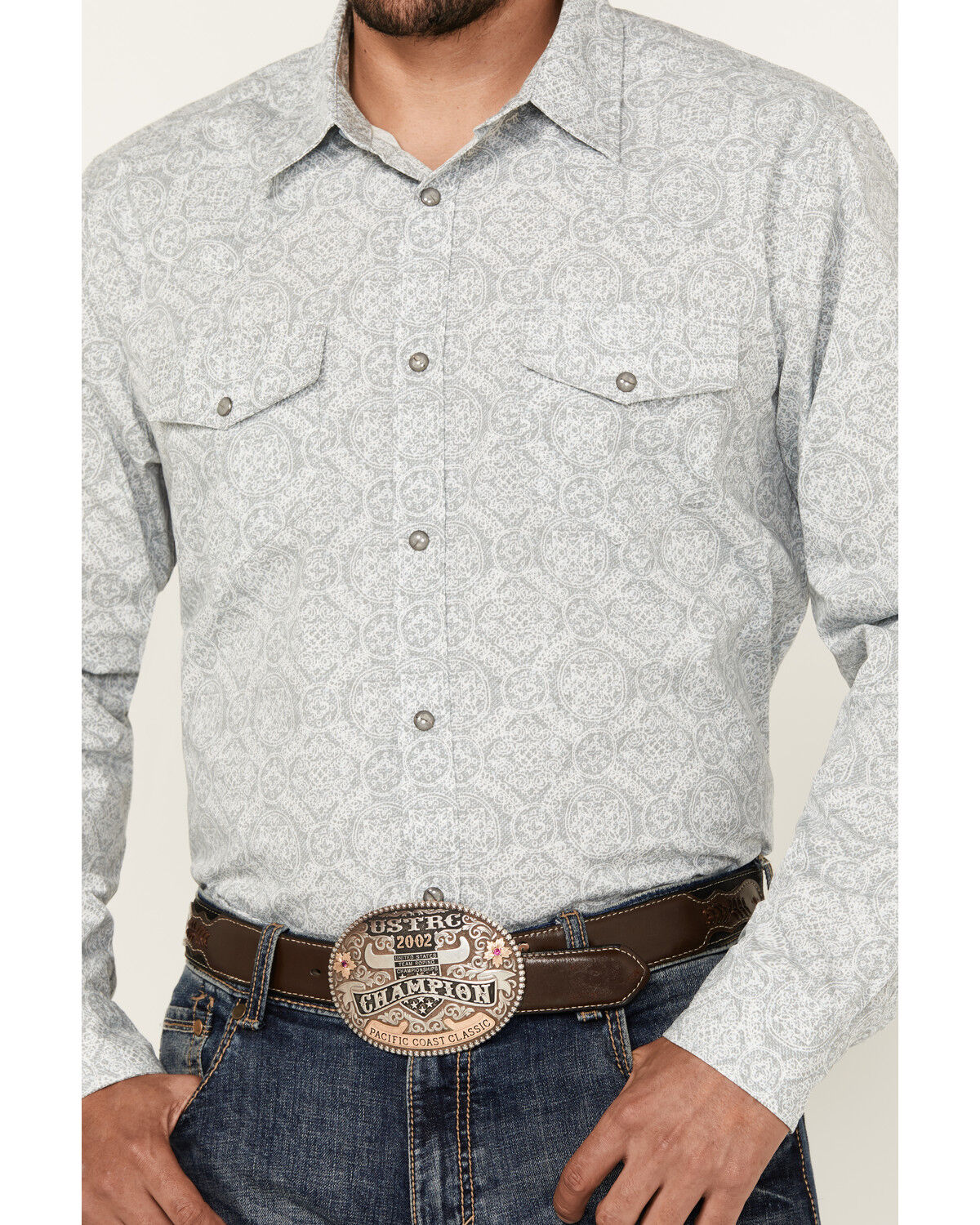 Image #3 - Gibson Trading Co Men's Pavement Medallion Print Long Sleeve Pearl Snap Western Shirt, Light Blue, hi-res