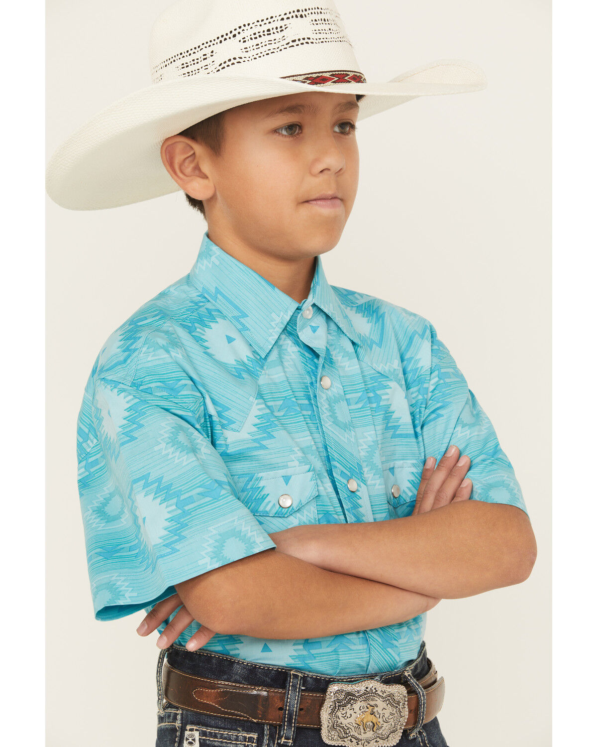 Image #4 - Rock & Roll Denim Boys' Southwestern Short Sleeve Snap Western Shirt, Turquoise, hi-res