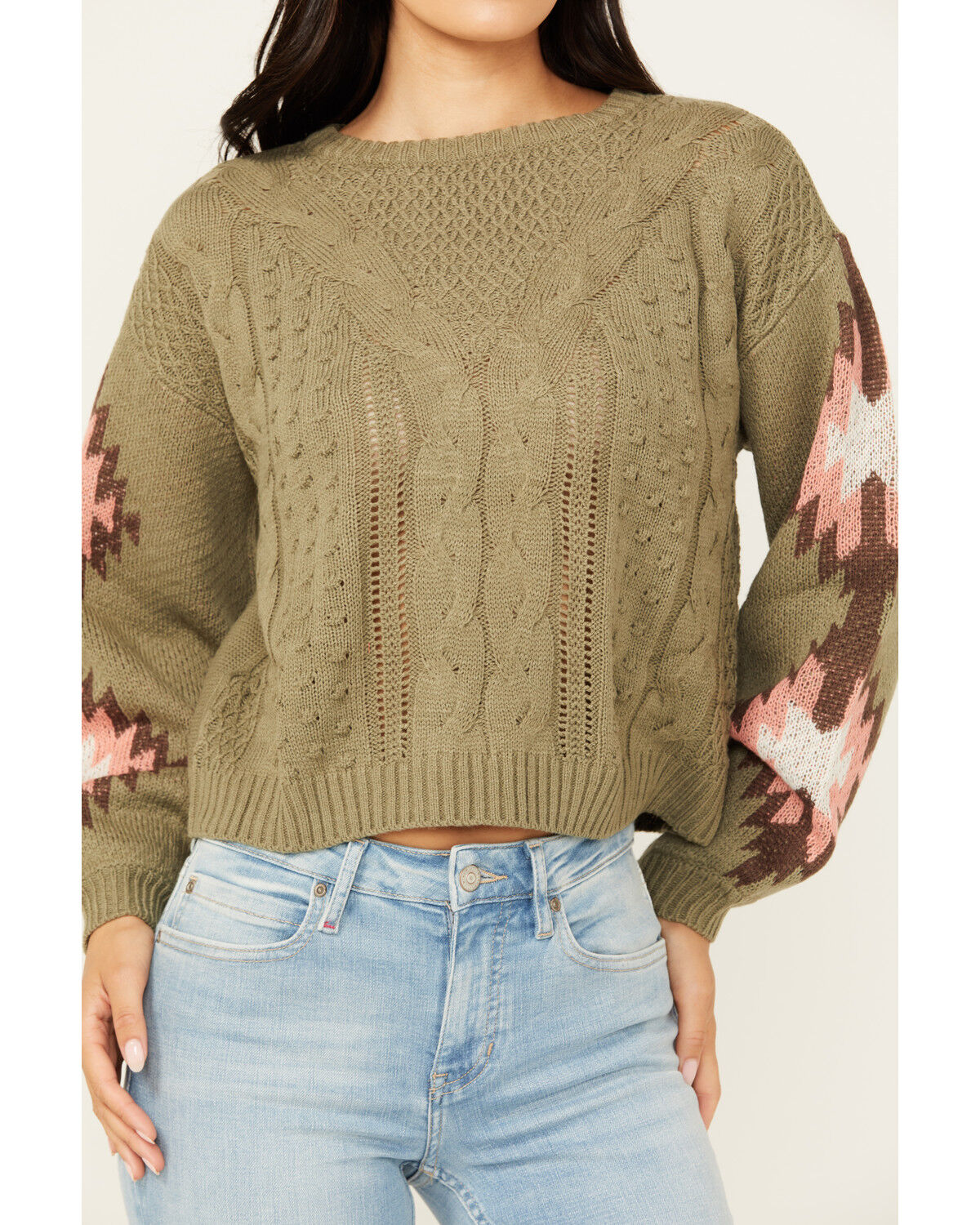 Image #3 - Rock & Roll Denim Women's Southwest Sleeve Long Sleeve Sweater, Olive, hi-res