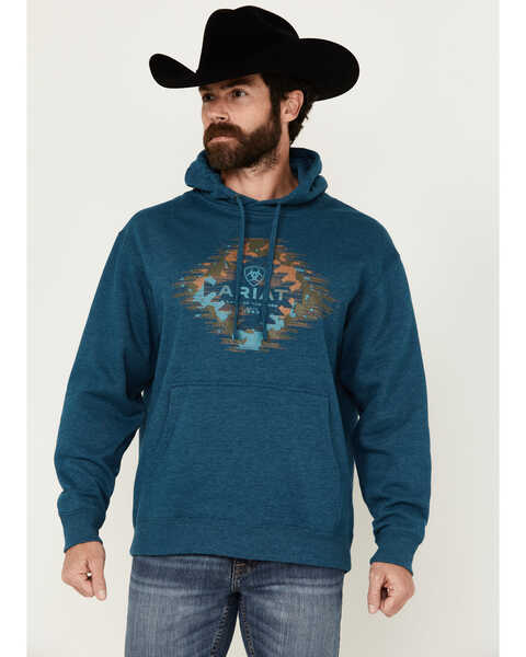 Ariat Men's Logo Southwestern Print Hooded Sweatshirt, Teal, hi-res