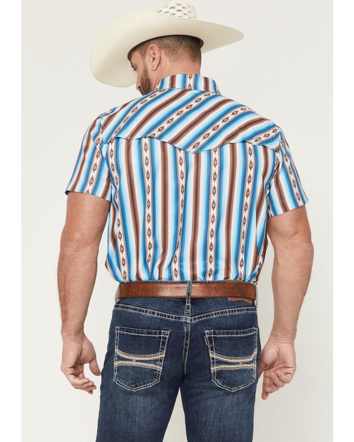Image #4 - Rock & Roll Denim Men's Tek Southwestern Striped Short Sleeve Snap Western Shirt, Turquoise, hi-res