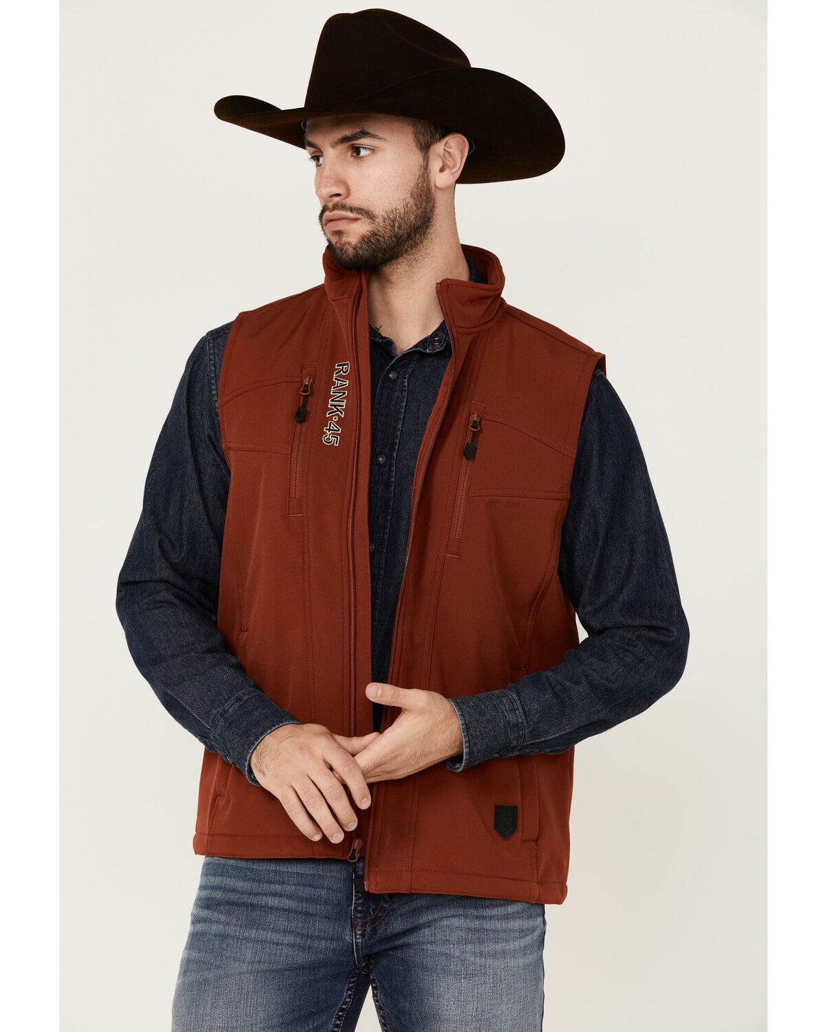 Image #1 - RANK 45® Men's Ralington Embroidered Softshell Vest, Dark Orange, hi-res