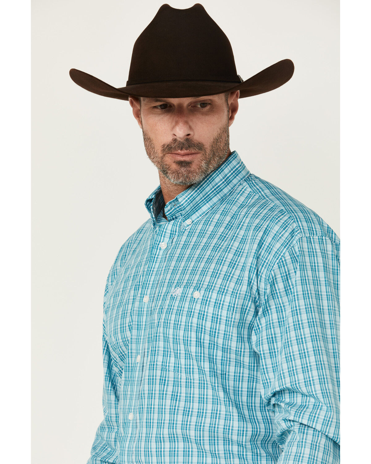 Image #2 - Wrangler Men's Plaid Print Long Sleeve Button-Down Stretch Western Shirt, Aqua, hi-res