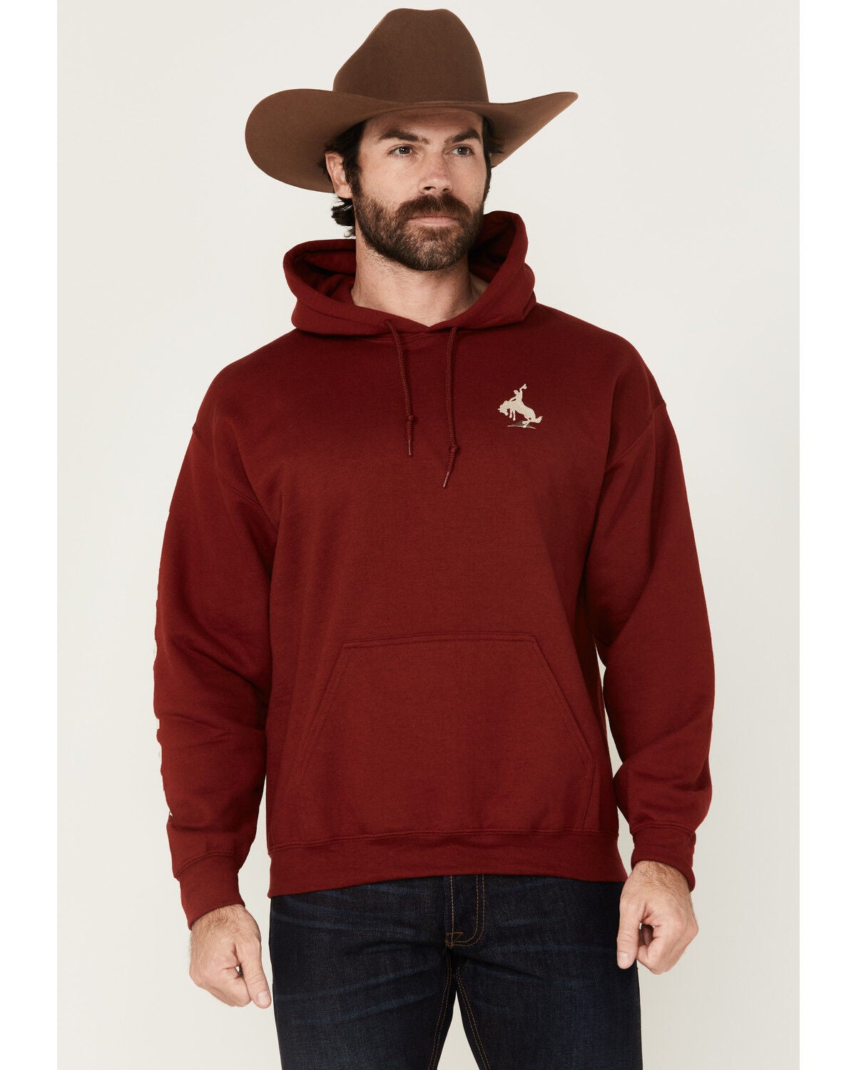 Riot Society Men's Boot Barn Exclusive Bucking Bronco Embroidered Hooded Sweatshirt, Burgundy, hi-res
