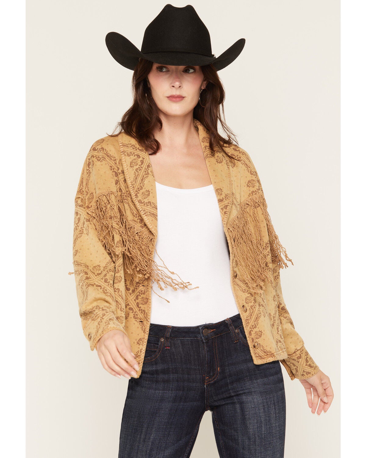 Image #1 - Miss Me Women's Fringe Button Front Short Cardigan, Camel, hi-res
