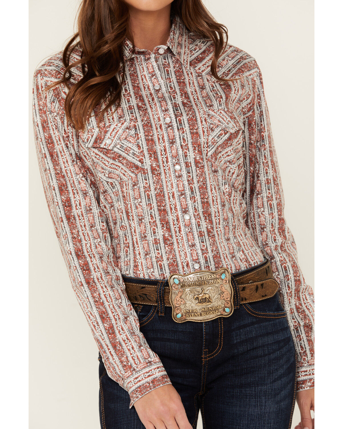 Image #3 - Rough Stock by Panhandle Women's Wallpaper Print Long Sleeve Pearl Snap Stretch Western Shirt, Orange, hi-res