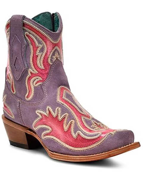 Corral Women's Polymer Overlay and Neon Embroidered Zipper Ankle Boots - Snip Toe, Purple, hi-res