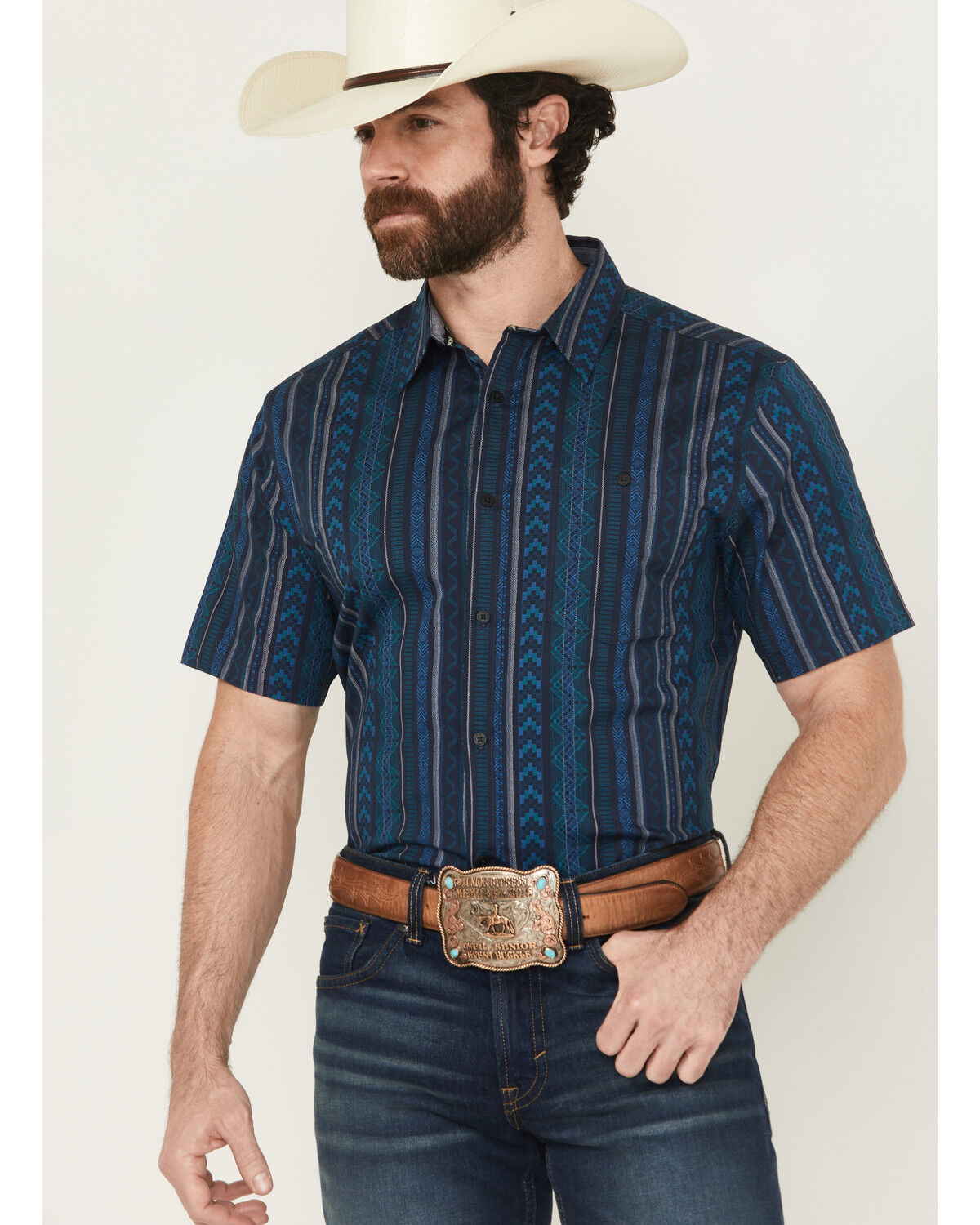 Image #1 - RANK 45® Men's Texas Ranger Striped Print Short Sleeve Button-Down Stretch Western Shirt, Blue, hi-res