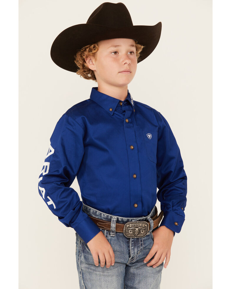 Ariat Boys' Blue Solid Twill Team Logo Long Sleeve Western Shirt , Burgundy, hi-res