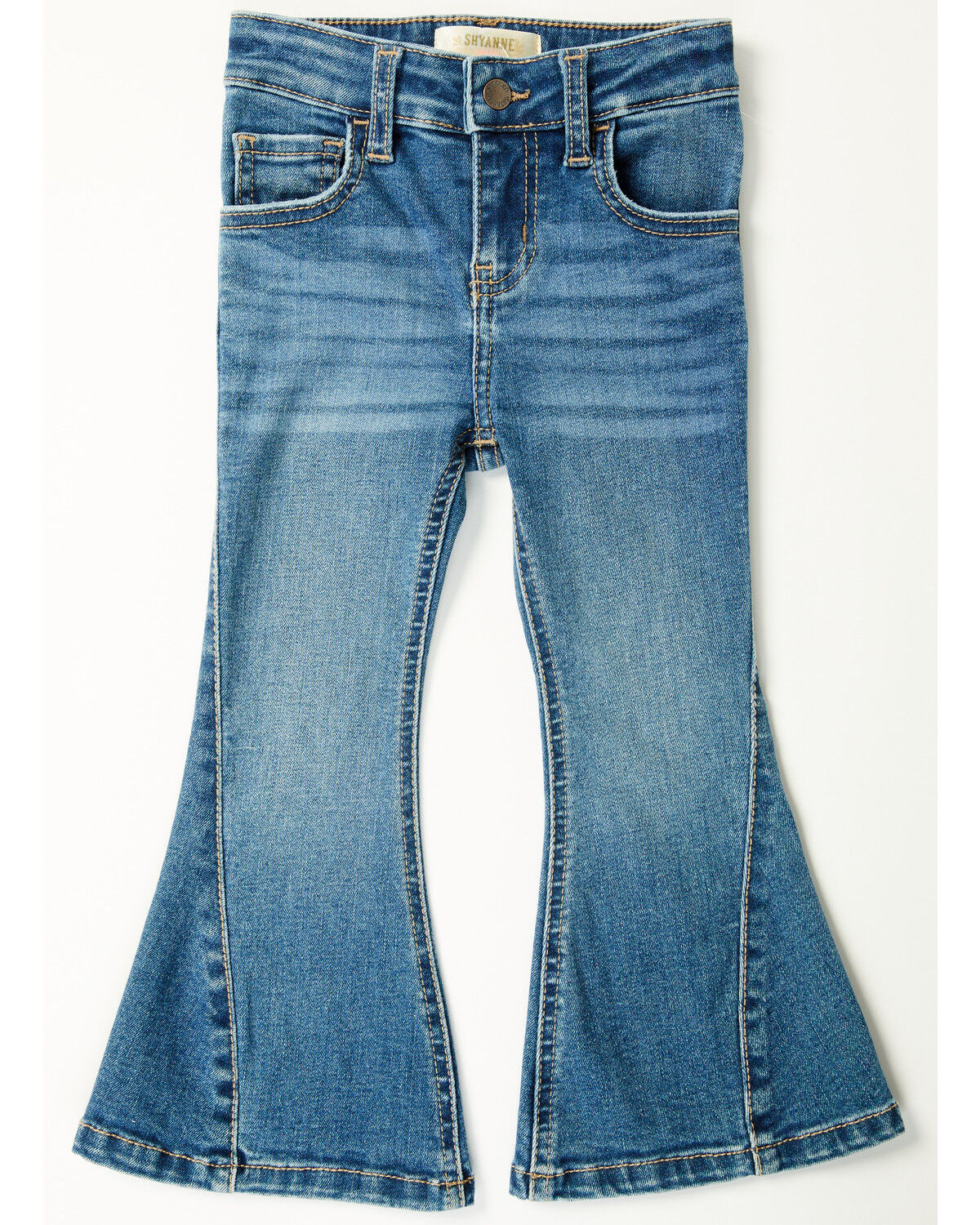 Image #1 - Shyanne Little Toddler Girls' Cimarron Twisted Side Seam Flare Stretch Denim Jeans, Medium Wash, hi-res