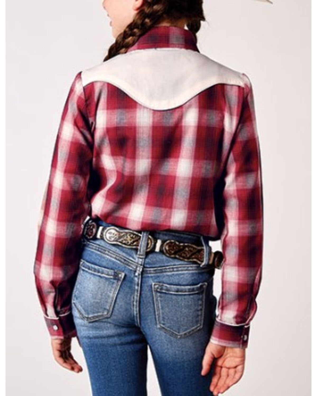 Image #2 - Roper Girls' Plaid Print Embroidered Yoke Long Sleeve Snap Western Shirt, Red, hi-res